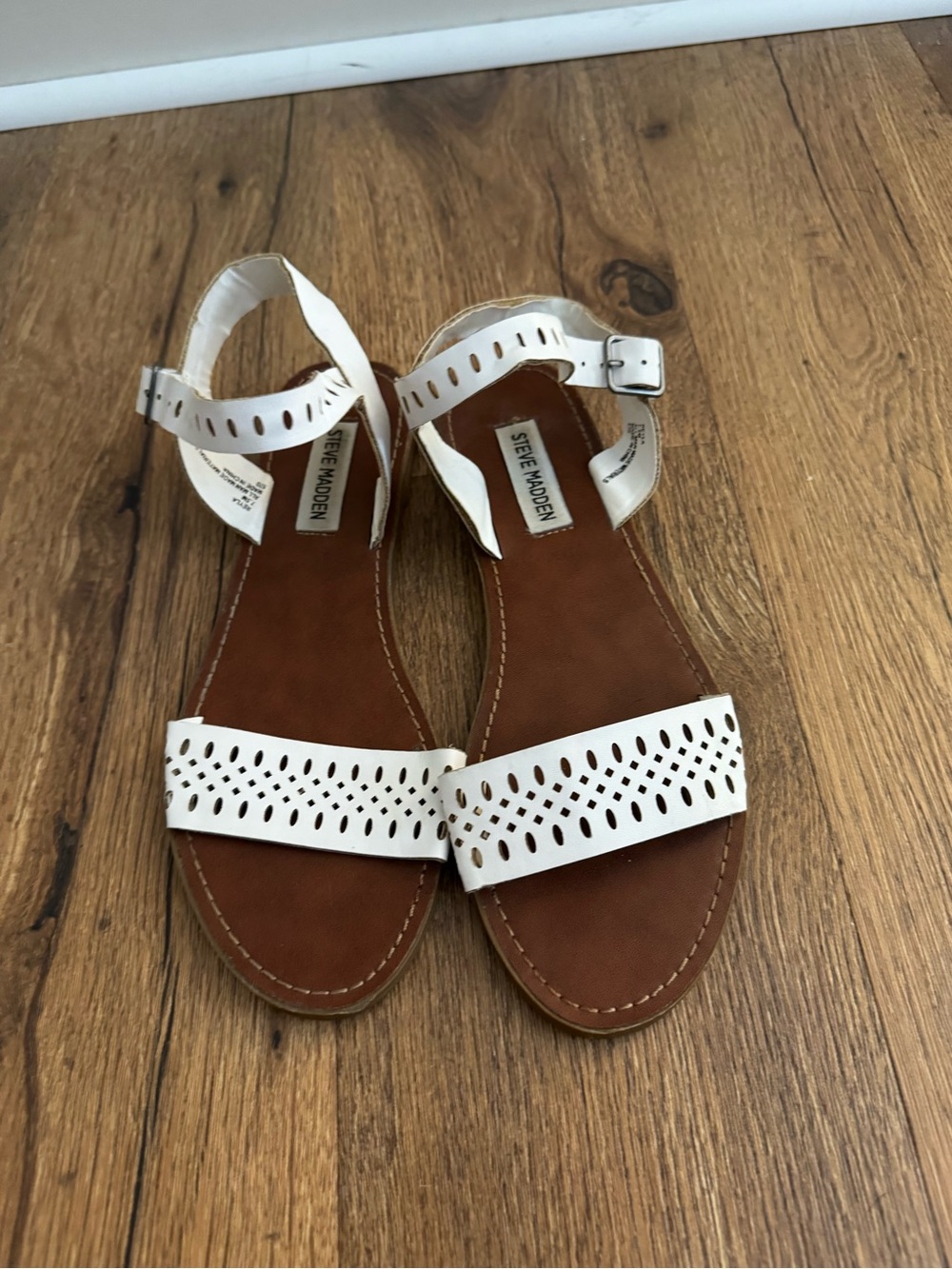 Steve Madden White Laser-Cut Ankle-Strap Sandals with Brown Footbed